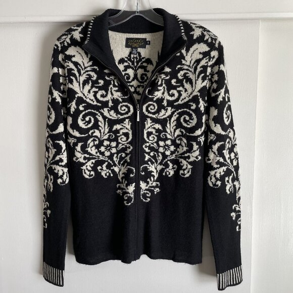 Icelandic Design Floral Cardigan Sweater Wool Full Zip Size S  Black Tan Nordic - Picture 10 of 16
